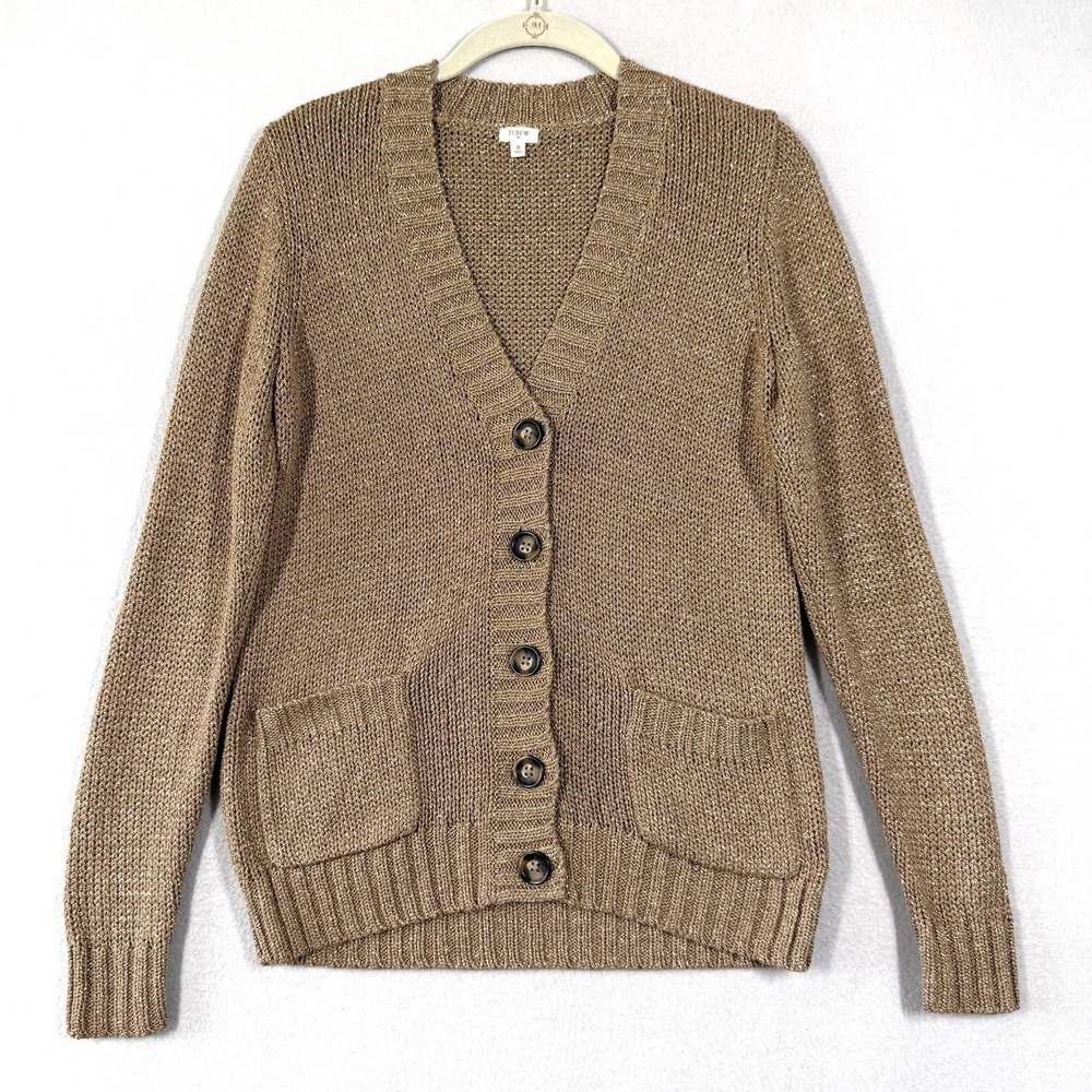 J Crew‎ Sweater Womens Small Metallic Cardigan Button Front Brown Fisherman Boho